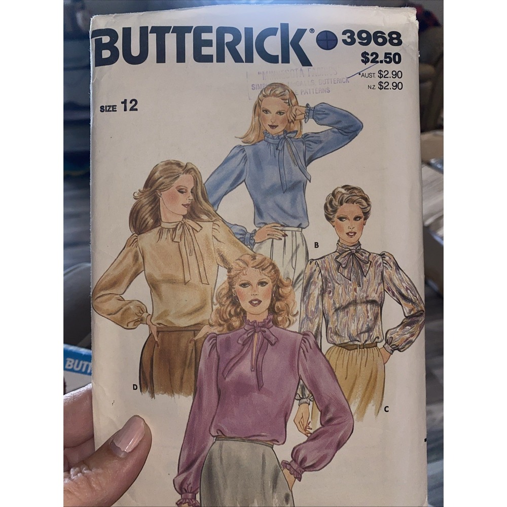 VTG 70s Butterick Sew Pattern 3968 Misses Pullover Blouses Neck Tie 12 Uncut
